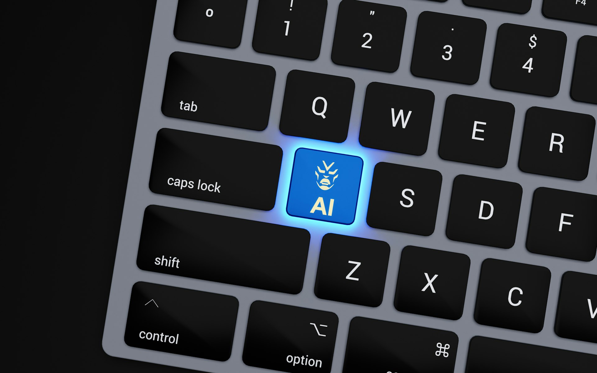 a close up of a keyboard with a blue button AI